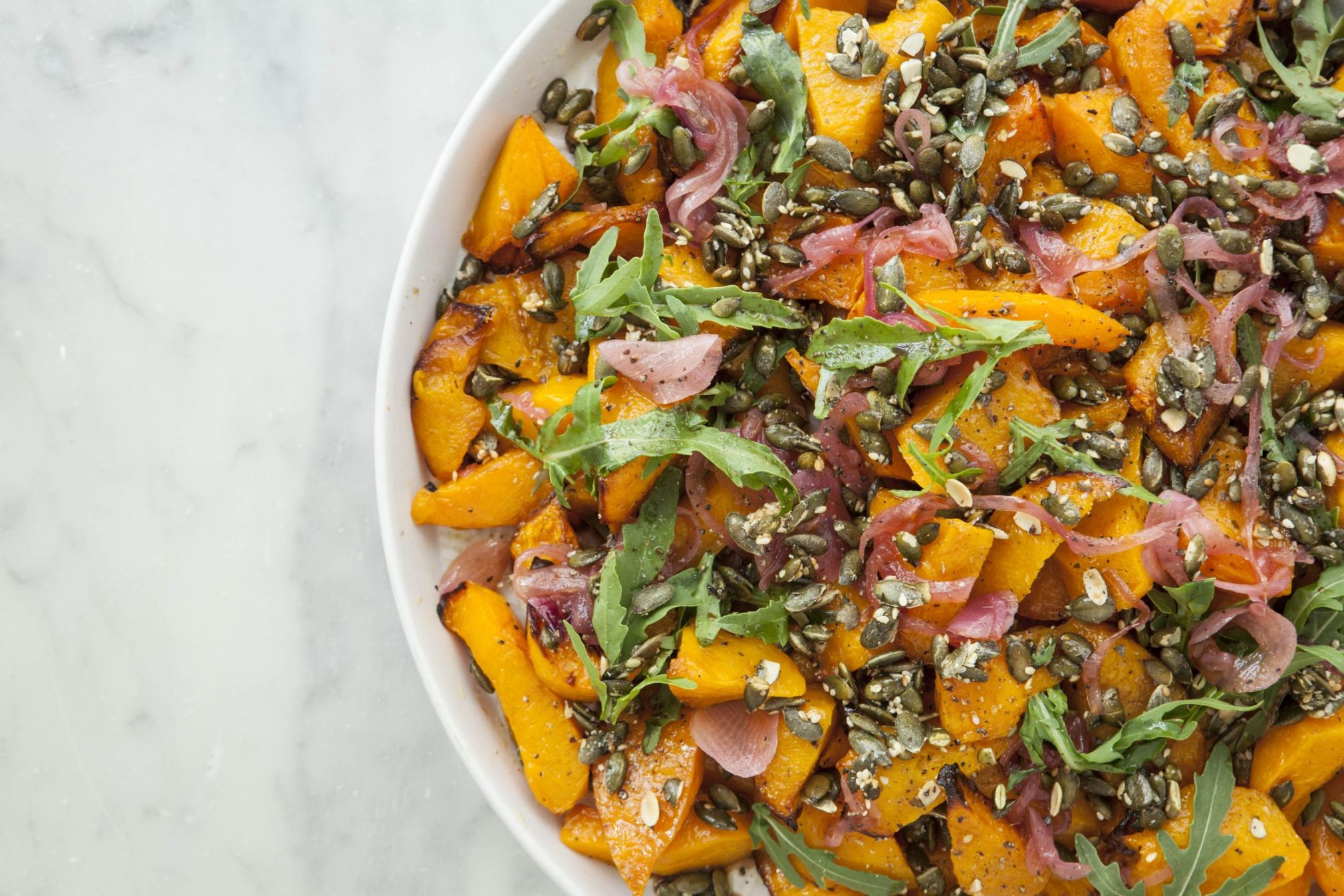 Church Road's salad of roasted squash, red onions, rocket and seeds 