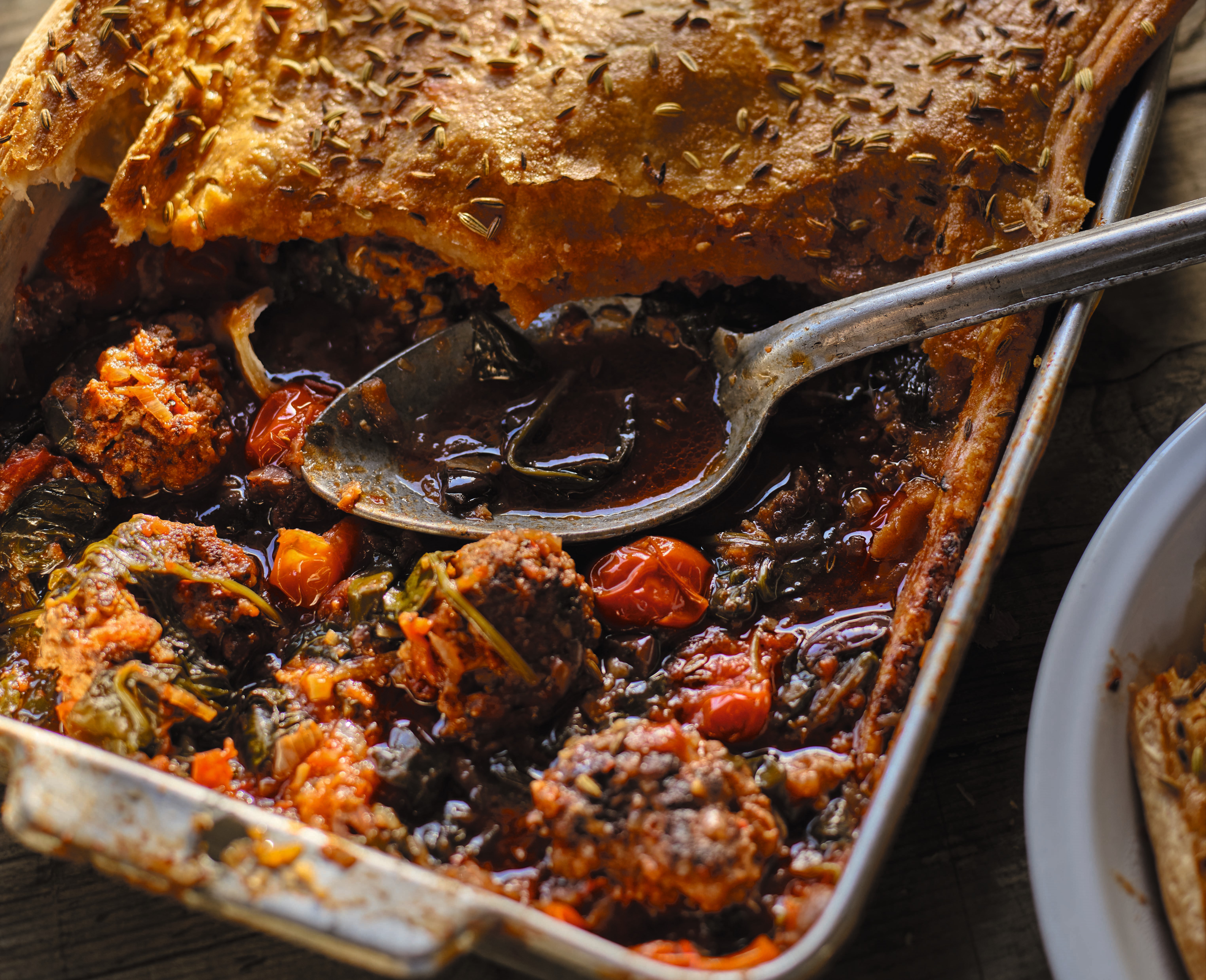 River Cottage Spicy Pork Meatball, Tomato & Olive Pie Recipe