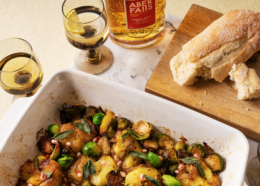 Crispy Crushed Potatoes with Aber Falls Whisky Glazed Sprouts Recipe