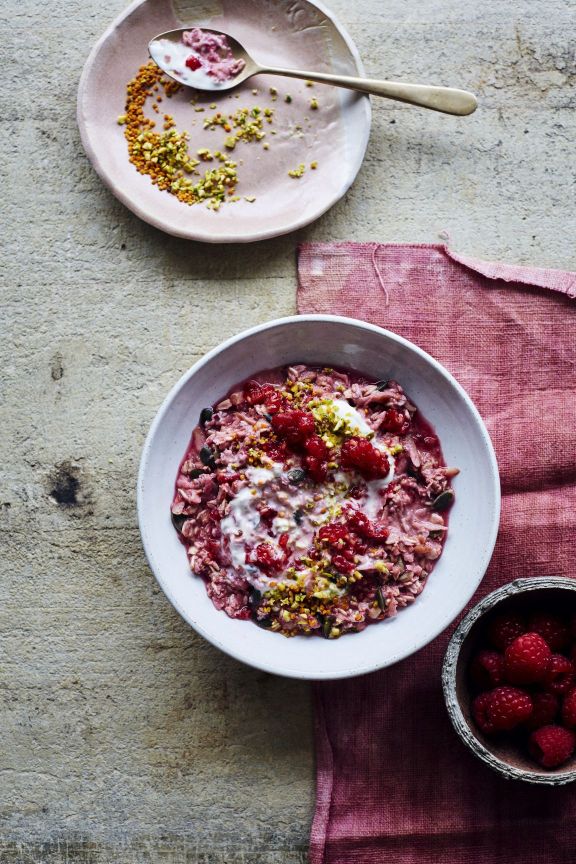 Apple & Raspberry Bircher with Pistachio Confetti
