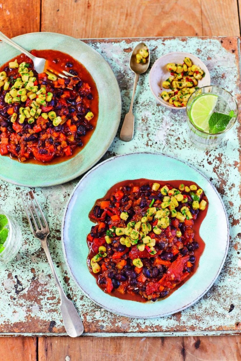Prue Leith’s Black Bean Chilli With Corn & Lime Salsa