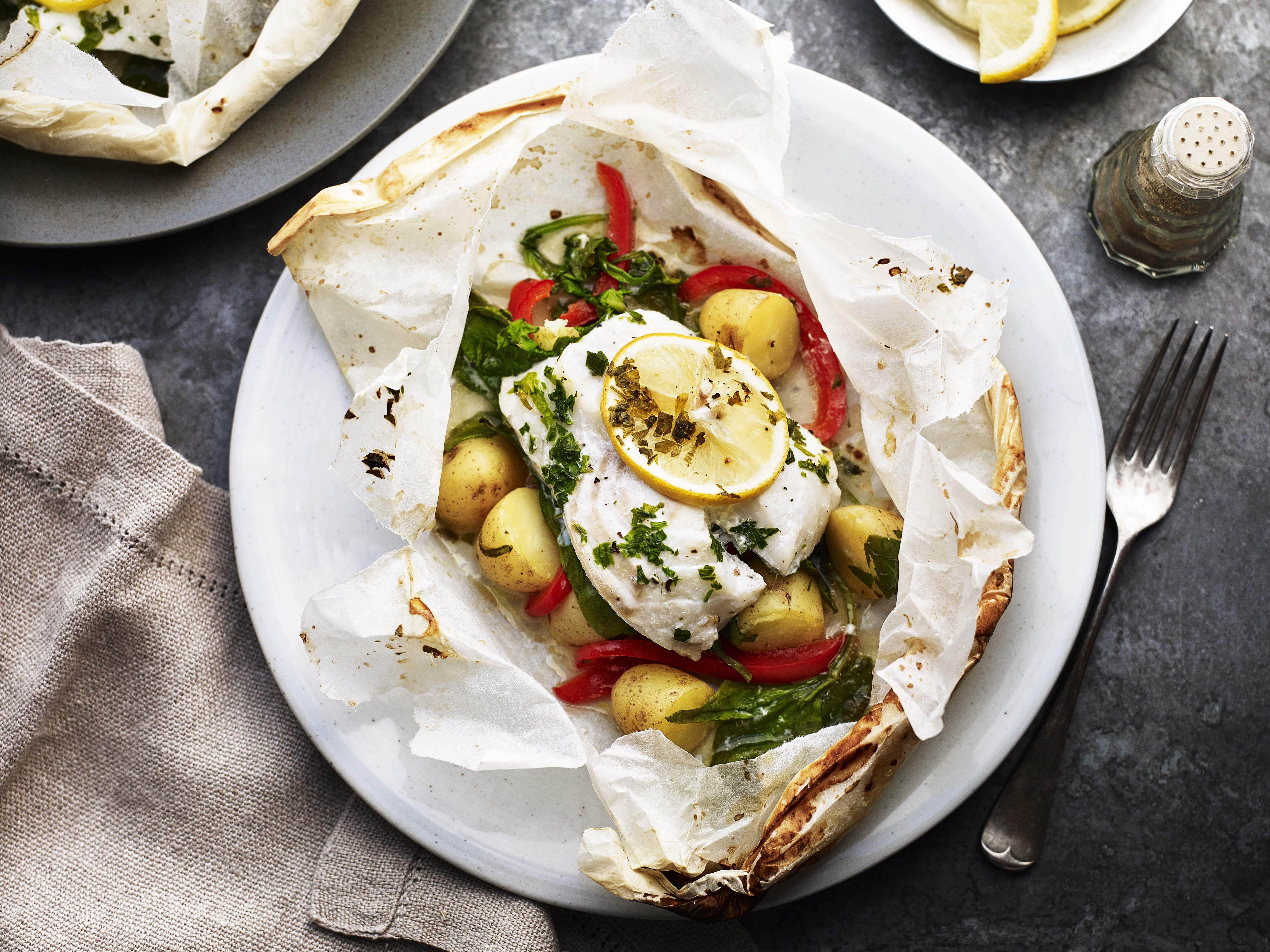 Baked New Potatoes and Cod En Papillote