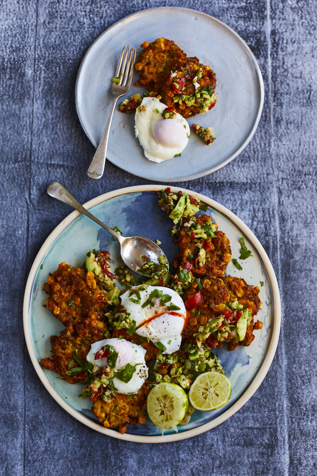 Sweet Corn Chilli Fritters with Poached Egg & Guacamole
