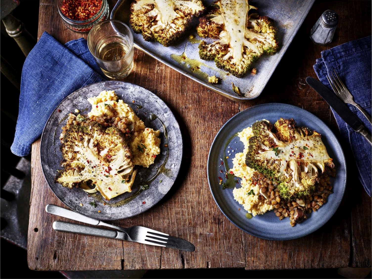 Cauliflower Steaks with Creamy Polenta & Green Lentil Ragu