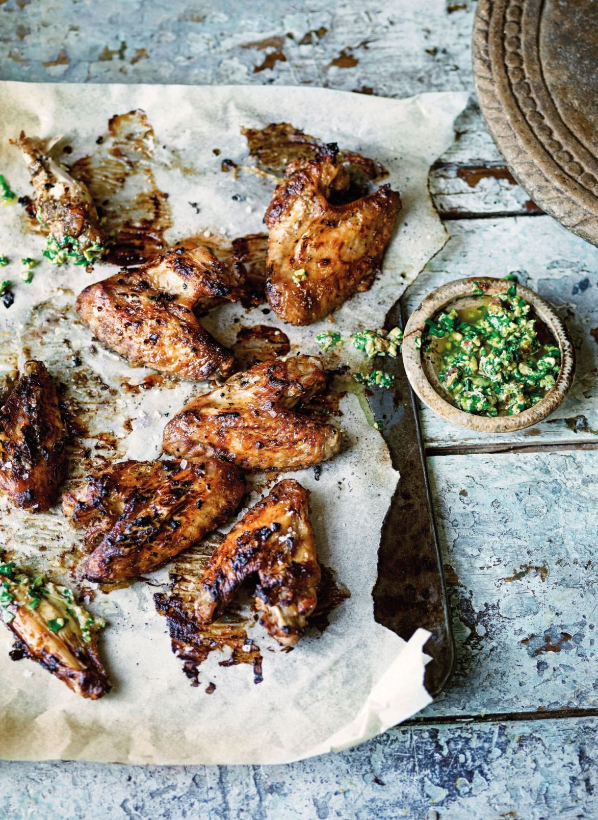 Garlic Chicken Wings with Coriander & Pistachio Pesto