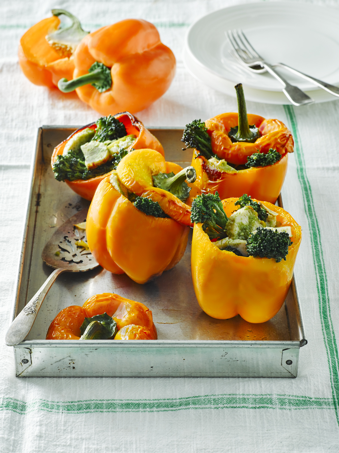 Roasted Orange Pepper Pots with Pesto Chicken and Roasted Broccoli