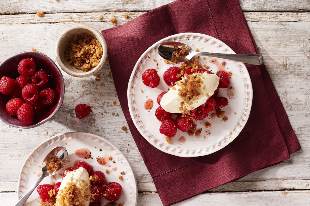 Valentine Warner’s Caramel, Black Pepper Crunch with Lime Cream & Rasberries