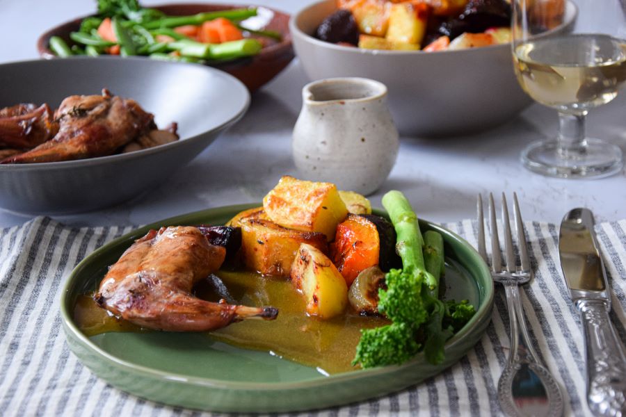 Roasted Rabbit with White Wine Gravy