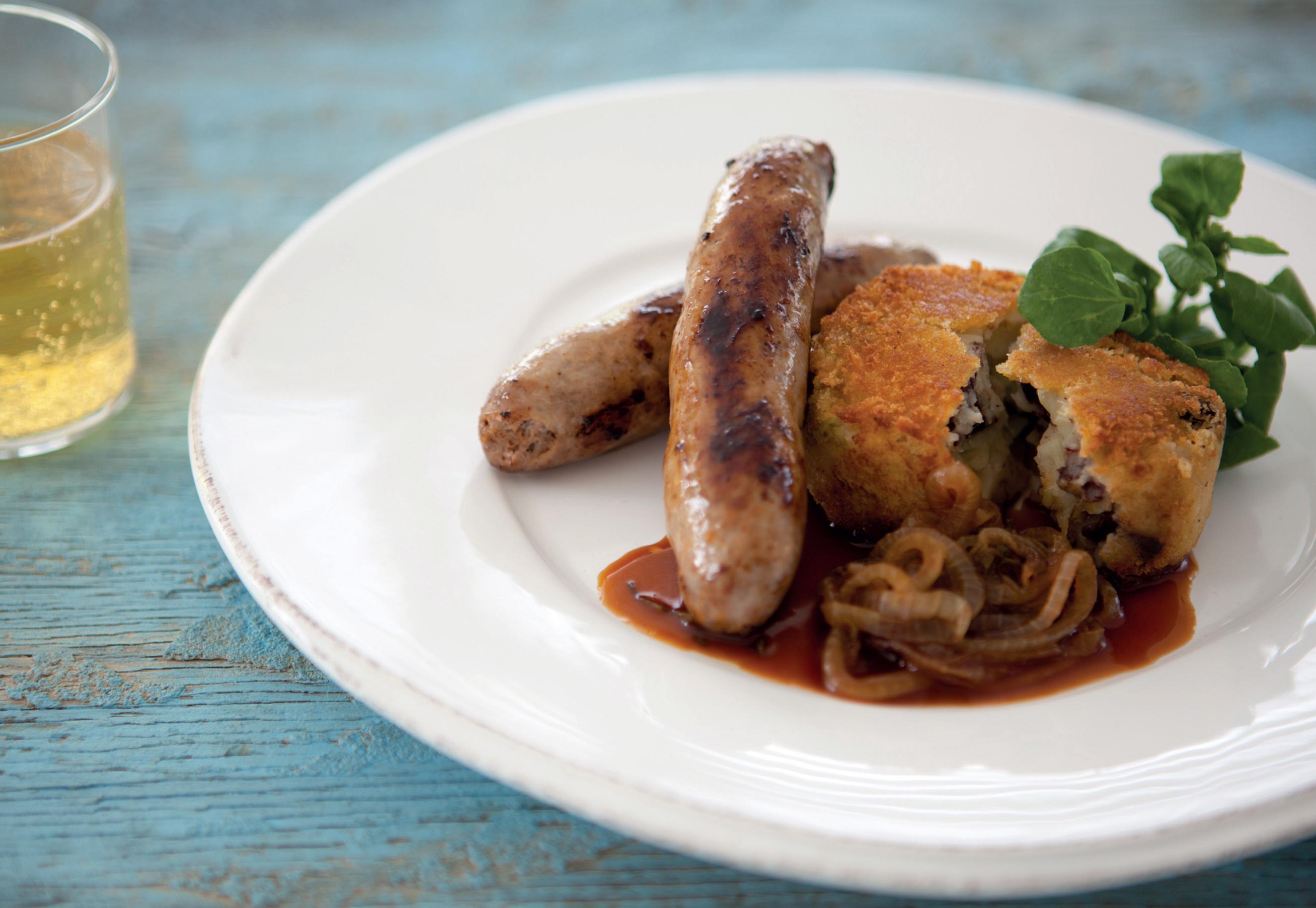 Sausages with Black Pudding & Leek Potato Cakes