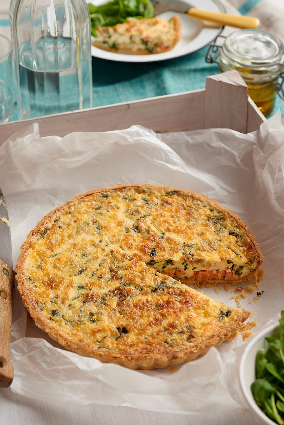 Smoked Trout, Duck Egg and Watercress Quiche with Cheddar