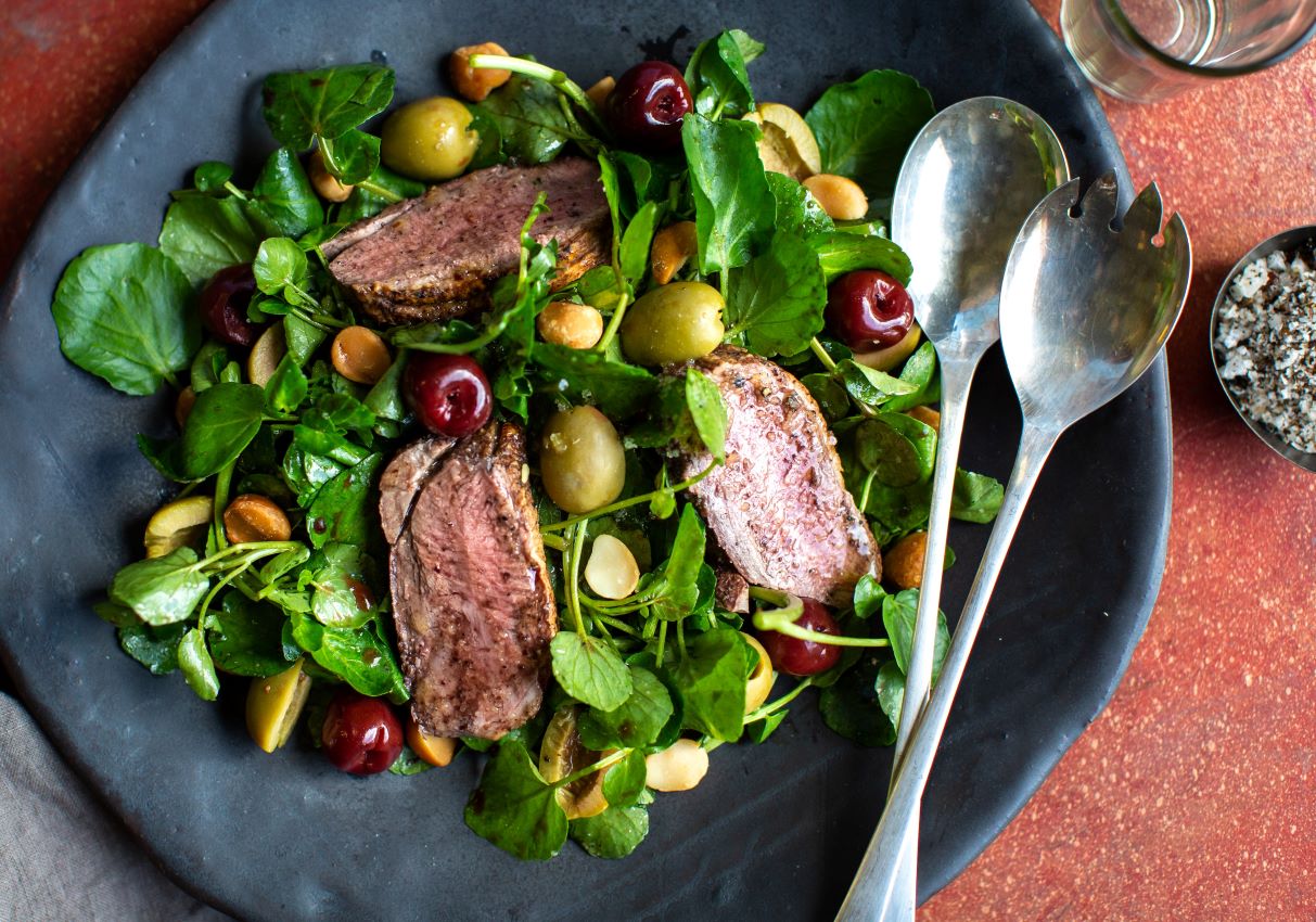 Spiced Duck Breast, Cherry & Watercress Salad