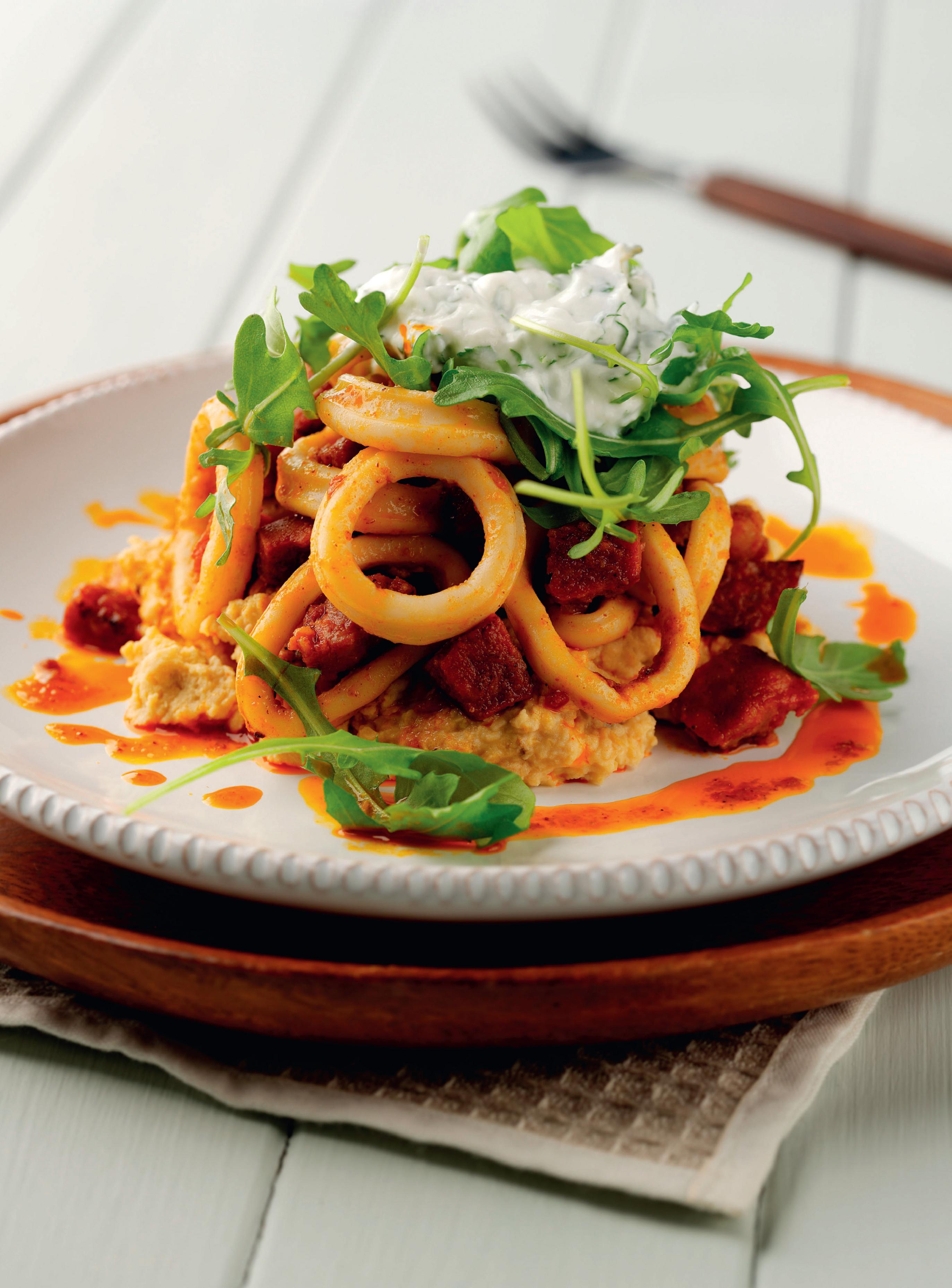 Squid & Chorizo on a Chickpea Purée with Coriander Yoghurt