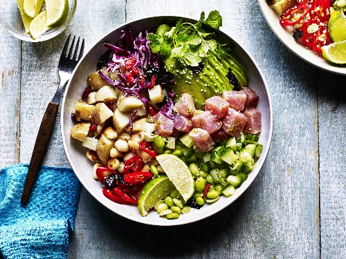 Tuna, Edamame, Potato And Macadamia Poke Buddha Bowl