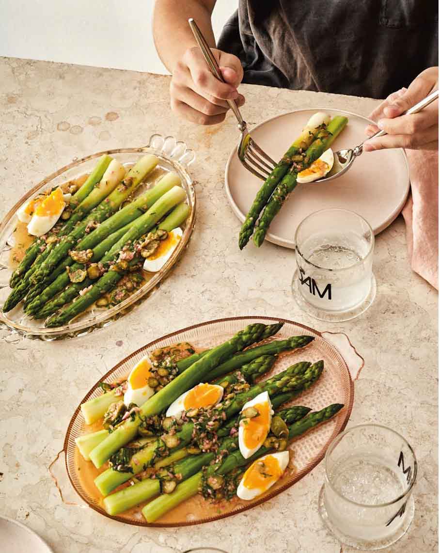 Asparagus with Jammy Egg & Pickle Dressing