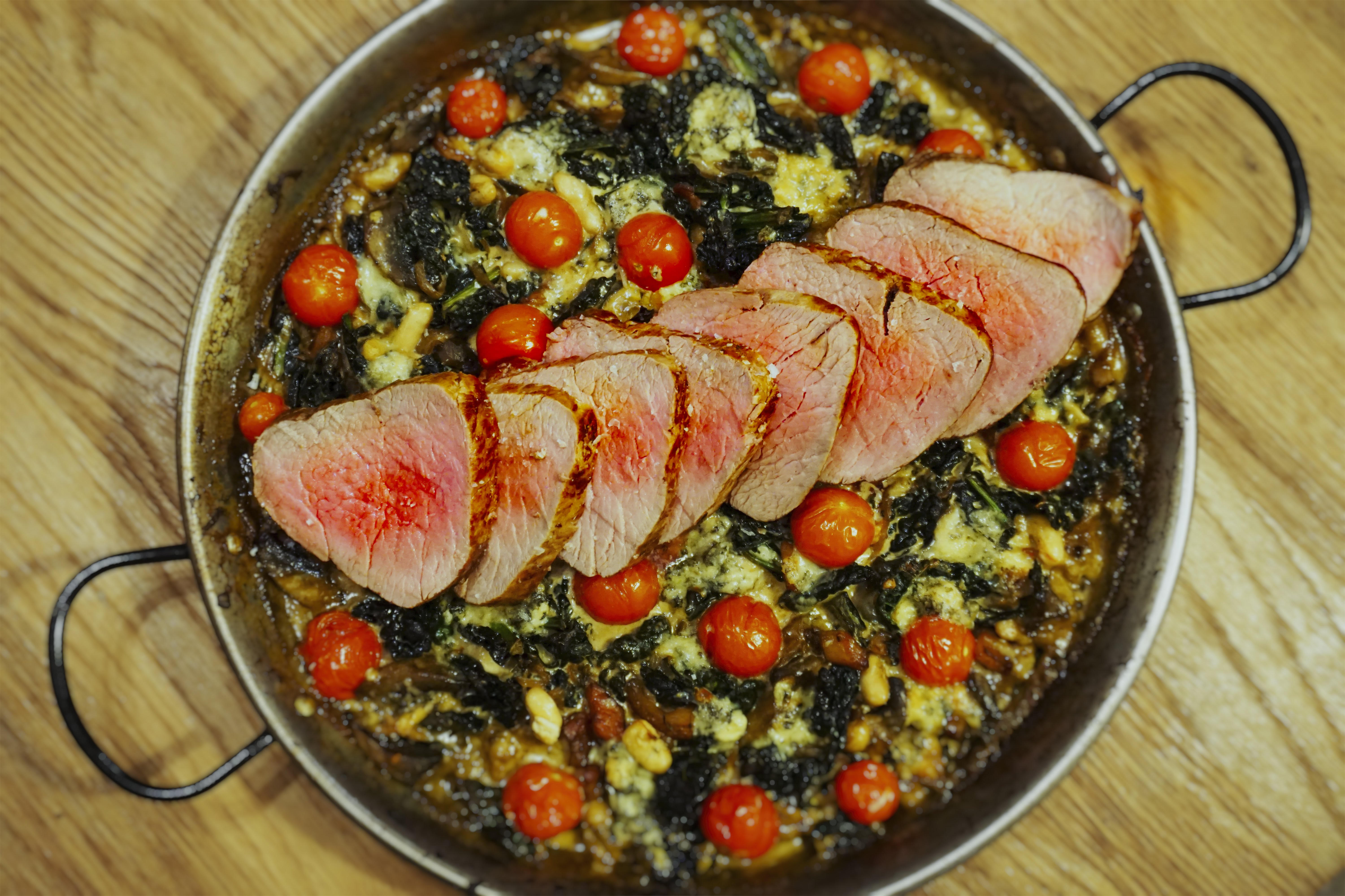 Roast Beef Fillet with Mushroom, Cannellini Bean, Kale & Stilton Gratin