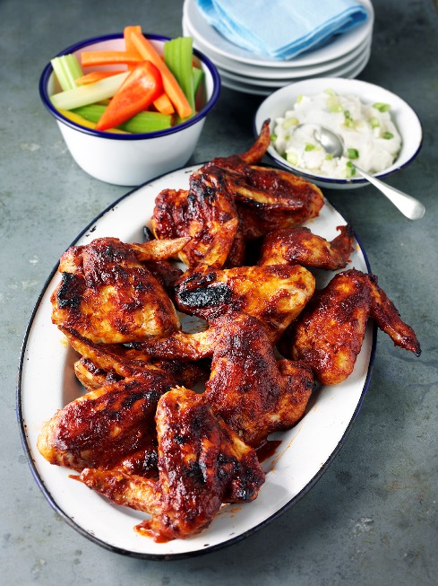 Fiery Bourbon Chicken Wings with Blue Cheese Dip