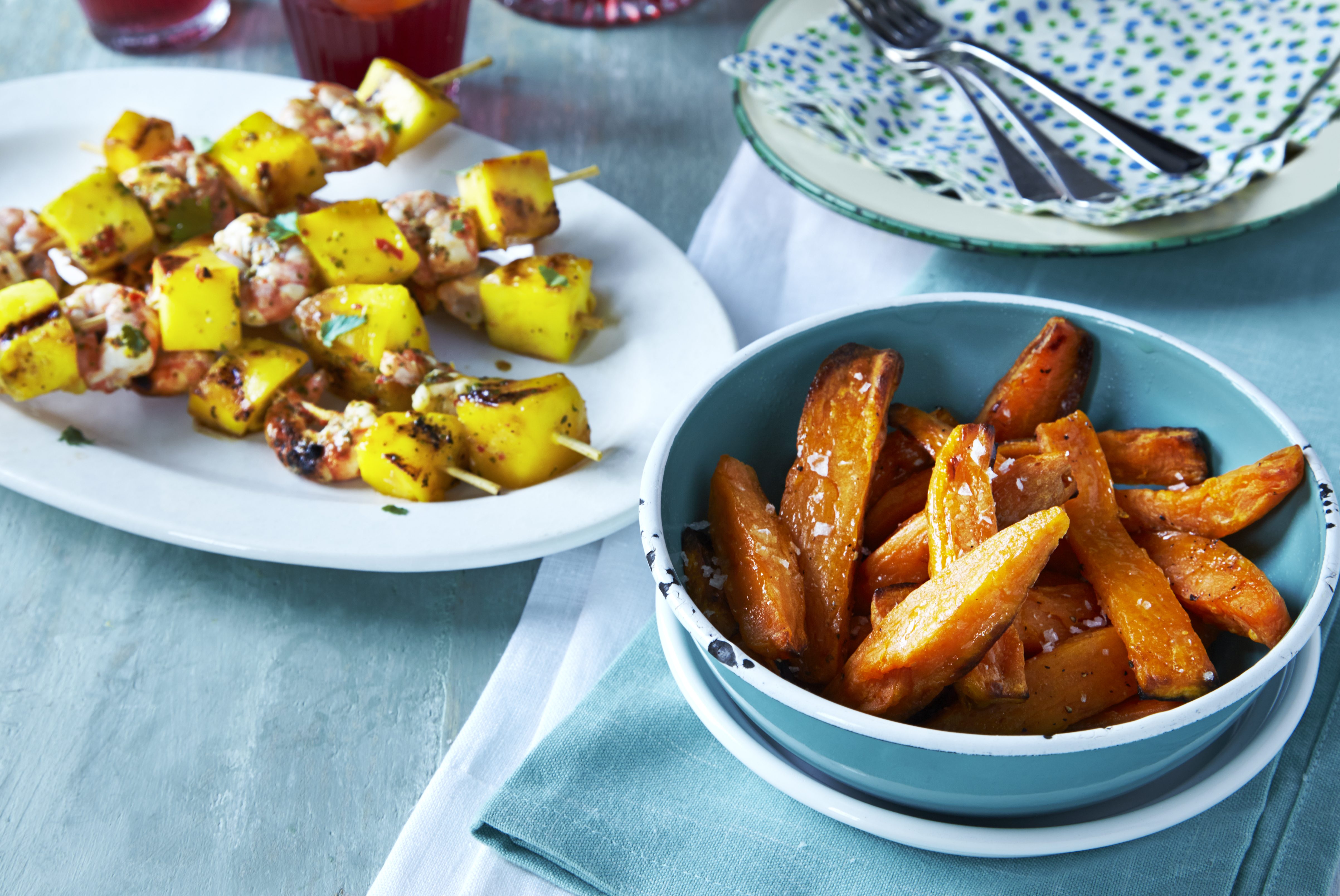 Prawn kebabs & sweet potato chips