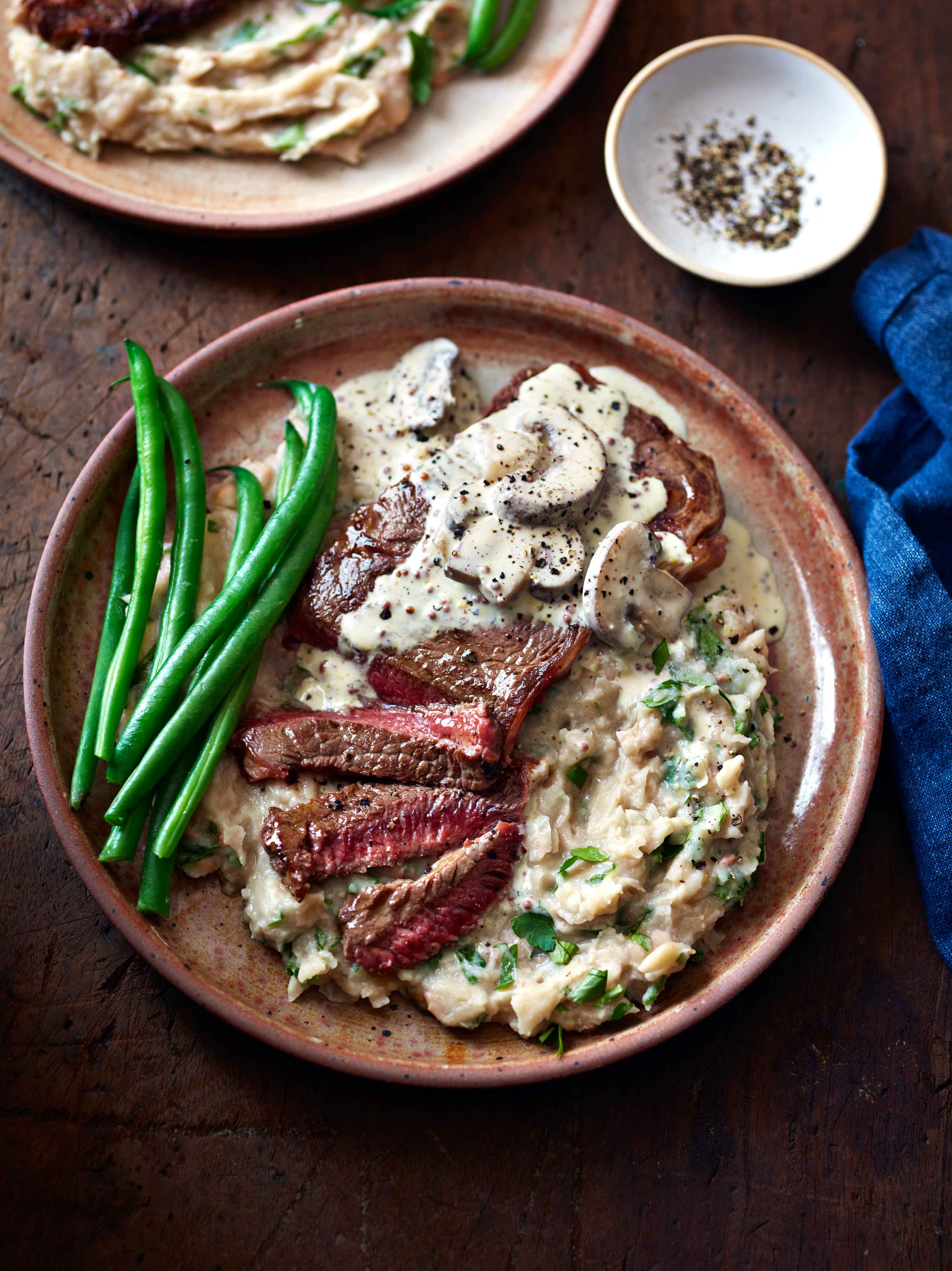 Steak & White Bean Mash with Mushroom Sauce