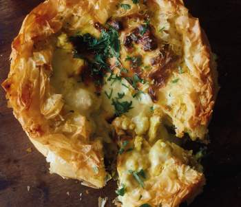 Image for recipe - Ottolenghi’s Curried Cauliflower Cheese Filo Pie