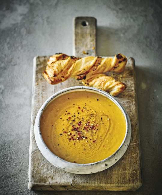 Image for Recipe - Freezer-friendly Spiced Sweet Potato & Lentil Soup with Chutney Cheese Twists