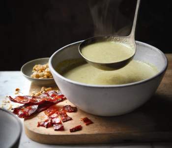 Image for recipe - Brussels Sprout Soup with Candied Bacon & Roasted Hazelnuts