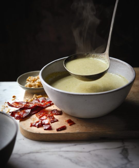 Image for Recipe - Brussels Sprout Soup with Candied Bacon & Roasted Hazelnuts