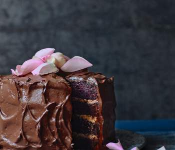 Image for recipe - Arabian Nights Coffee Chocolate Layer Cake with Rose-scented Ganache