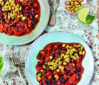 Image for recipe - Prue Leith’s Black Bean Chilli With Corn & Lime Salsa