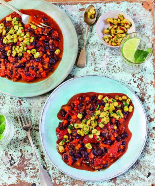 Image for Recipe - Prue Leith’s Black Bean Chilli With Corn & Lime Salsa
