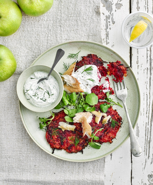 Image for Recipe - Beetroot & Apple Potato Cakes with Dill Yoghurt