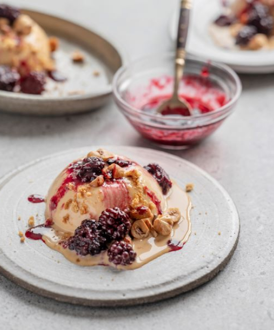 Image for Recipe - Butterscotch Panna Cotta with Blackberries & Gingernut Crumb