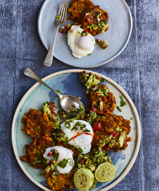 Image for Recipe - Sweet Corn Chilli Fritters with Poached Egg & Guacamole