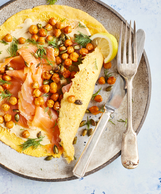 Image for Recipe - Omelette Wraps with Smoked Salmon & Spiced Chickpeas