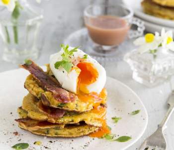 Image for recipe - Courgette Pancakes with Crispy Bacon & Poached Eggs