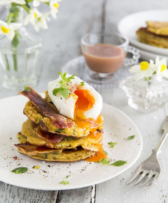 Image for Recipe - Courgette Pancakes with Crispy Bacon & Poached Eggs