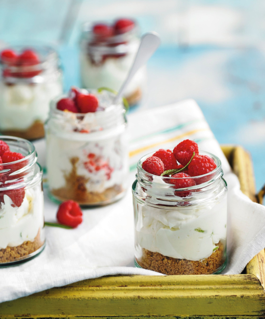 Image for Recipe - Jam Jar Lime Cheesecakes with Raspberries