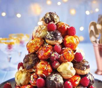 Image for recipe - Caramel & Double Chocolate Profiterole Tower