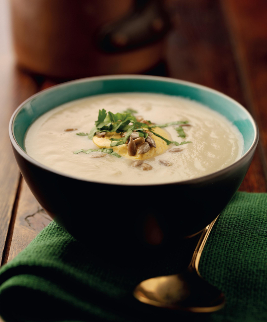 Image for Recipe - Cream of Celeriac Soup with Curried Yoghurt & Sunflower Seeds