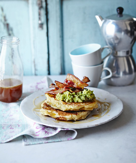 Image for Recipe - Fluffiest-ever American Pancakes with Bacon, Maple Syrup & Avocado