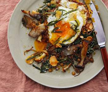 Image for recipe - Garlic Mushroom Lentils & Fried Eggs with Parmesan & Rosemary