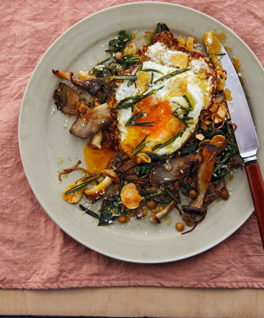 Image for Recipe - Garlic Mushroom Lentils & Fried Eggs with Parmesan & Rosemary