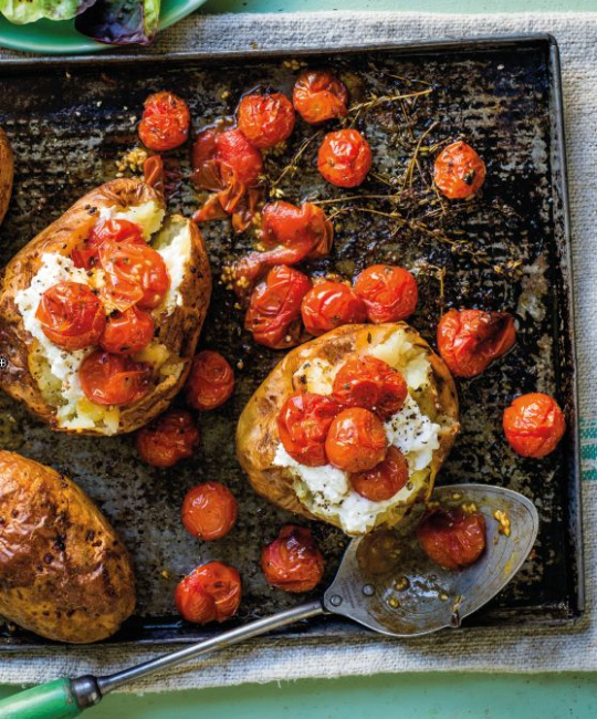 Image for Recipe - Four ingredient baked potatoes with ricotta and roasted tomatoes