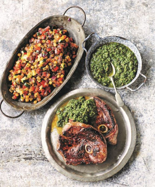 Image for Recipe - James Martin’s Barbecue Lamb Steaks with Ratatouille & Salsa Verde