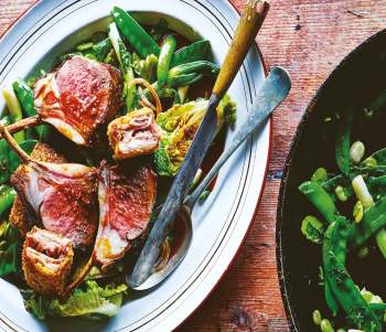 Image for recipe - Roast Rack & Fried Breast of Lamb with Peas & Wilted Lettuce