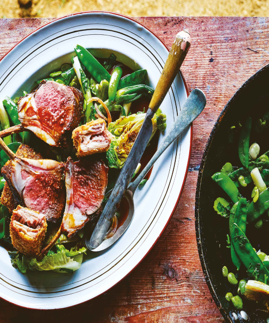 Image for Recipe - Roast Rack & Fried Breast of Lamb with Peas & Wilted Lettuce