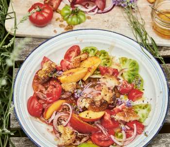 Image for recipe - Tomato & Peach Panzanella with Honey, Smoked Salt & Lavender