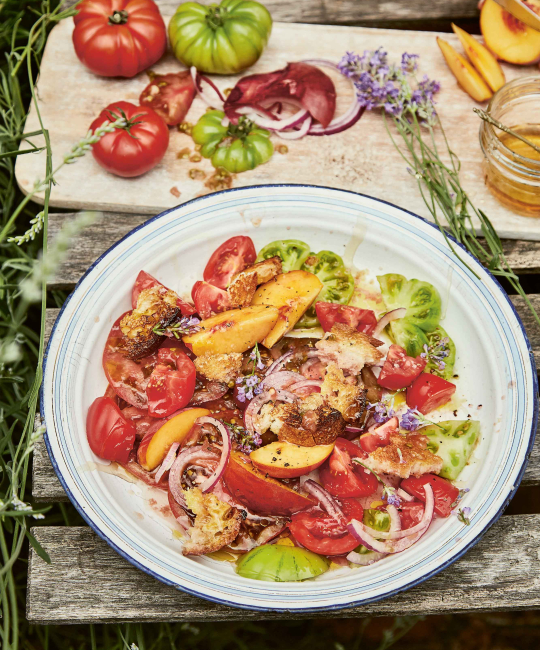 Image for Recipe - Tomato & Peach Panzanella with Honey, Smoked Salt & Lavender