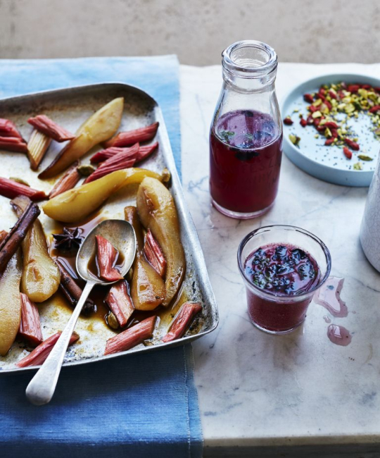 Image for Recipe - Poached Pear & Rhubarb Compote & Pistachio Crumble