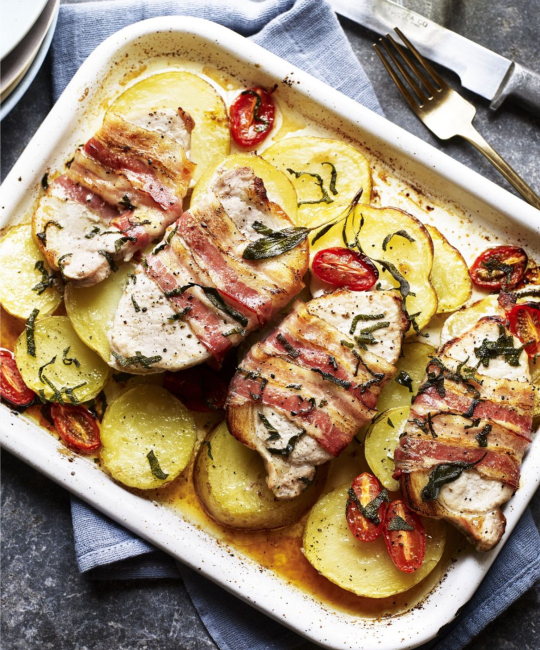 Image for Recipe - Sage & Lemon Potatoes with Pork Loin Steaks & Crispy Pancetta