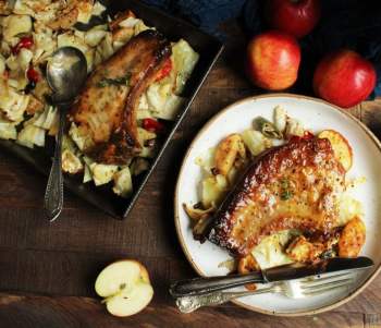 Image for recipe - Honey & Mustard-Glazed Pork Chop with Roasted Cabbage & Jazz Apples